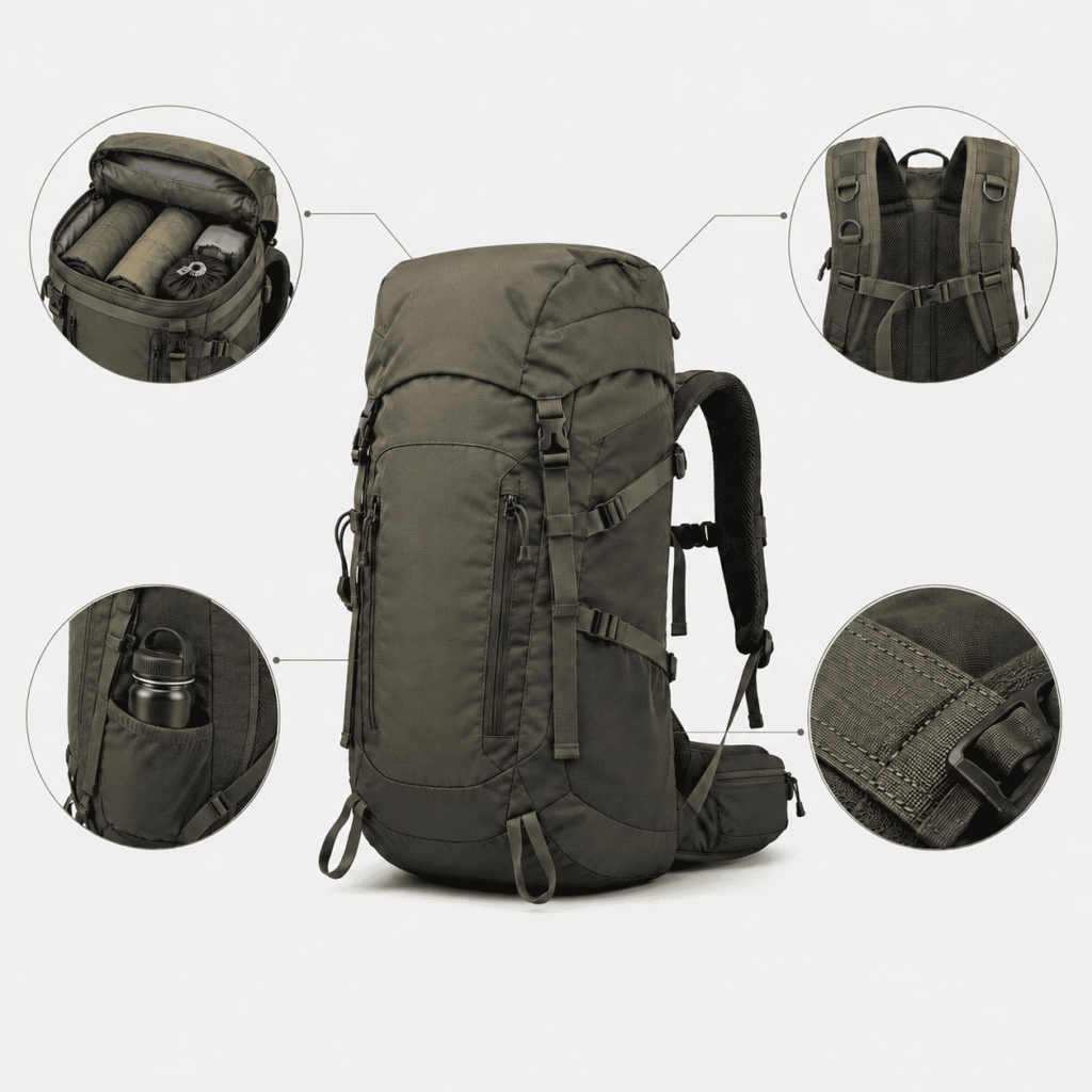 Custom outdoor hiking backpack showing main compartment, side bottle pocket, padded shoulder straps, and reinforced fabric details